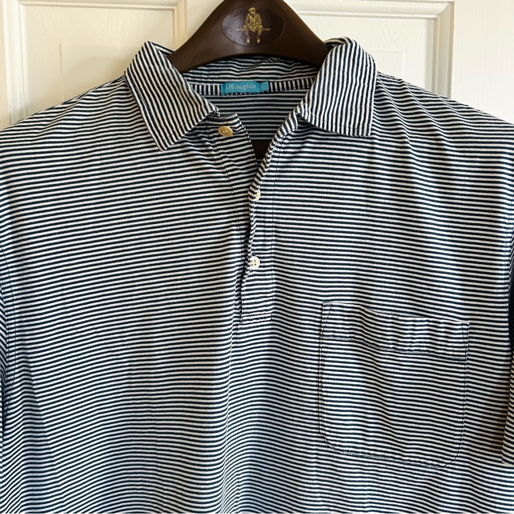 J. McLaughlin Blue and White Striped Polo Shirt Size Large Cotton Pocket